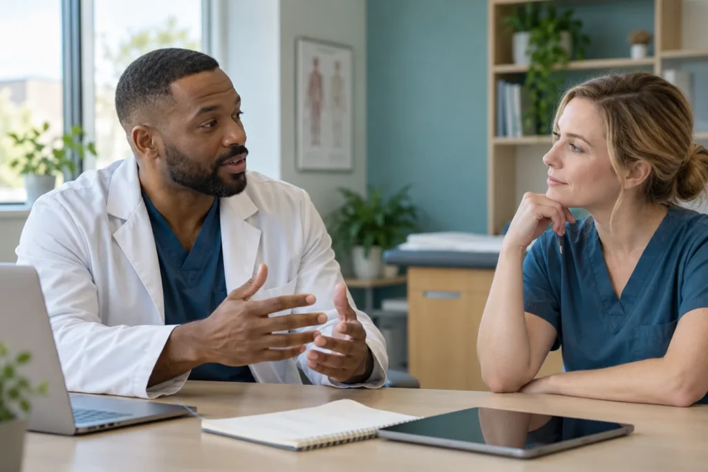 Two clinicians discuss information at a desk in a medical office.