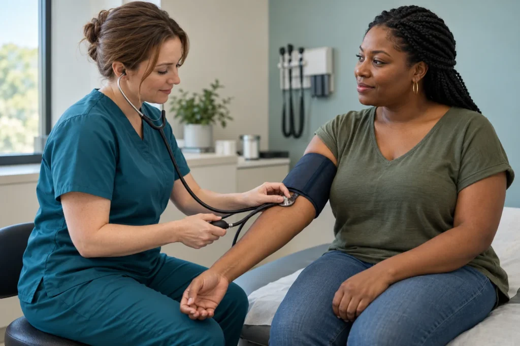 A clinician checks an adult patient’s blood pressure.