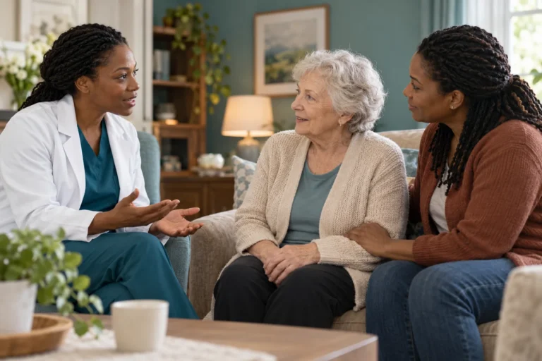 An older adult speaks with a clinician and caregiver.
