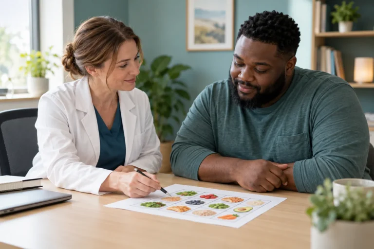 A patient and clinician discuss a health planning sheet.
