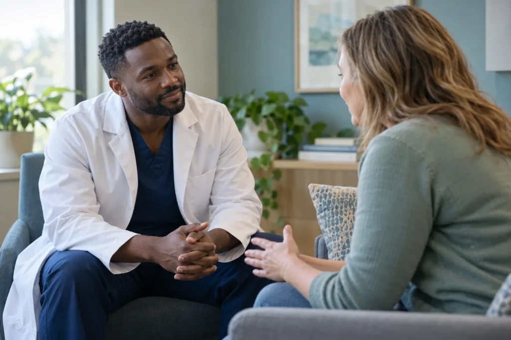 A clinician listens during a private consultation.